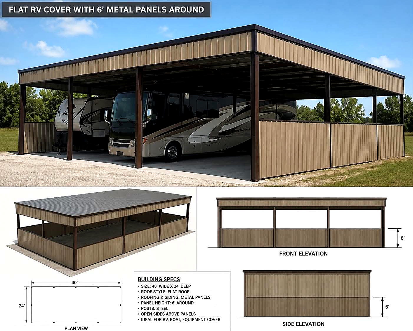 Flat RV cover specification drawing with elevations and panel details