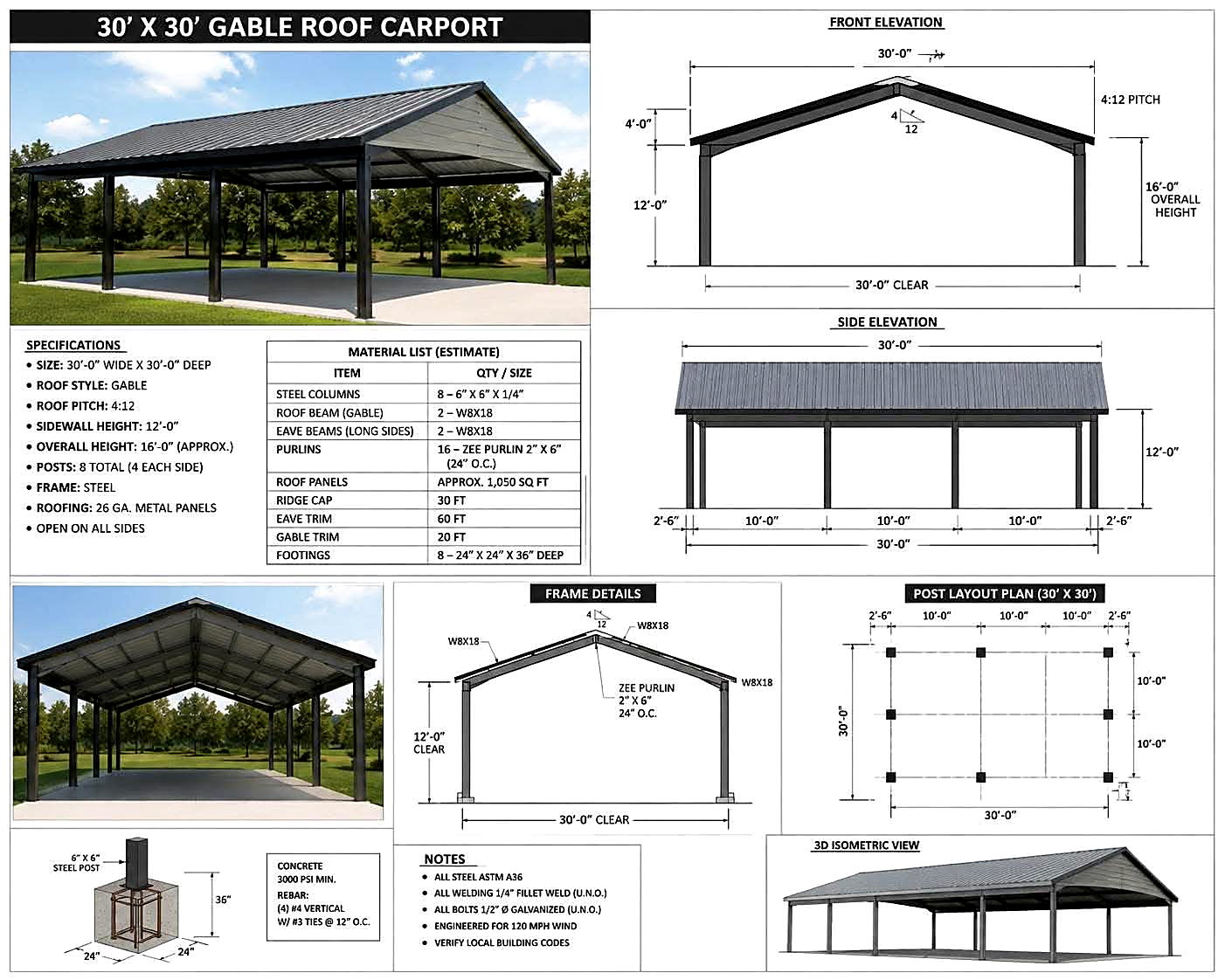 Gable roof carport specification drawing with dimensions and materials