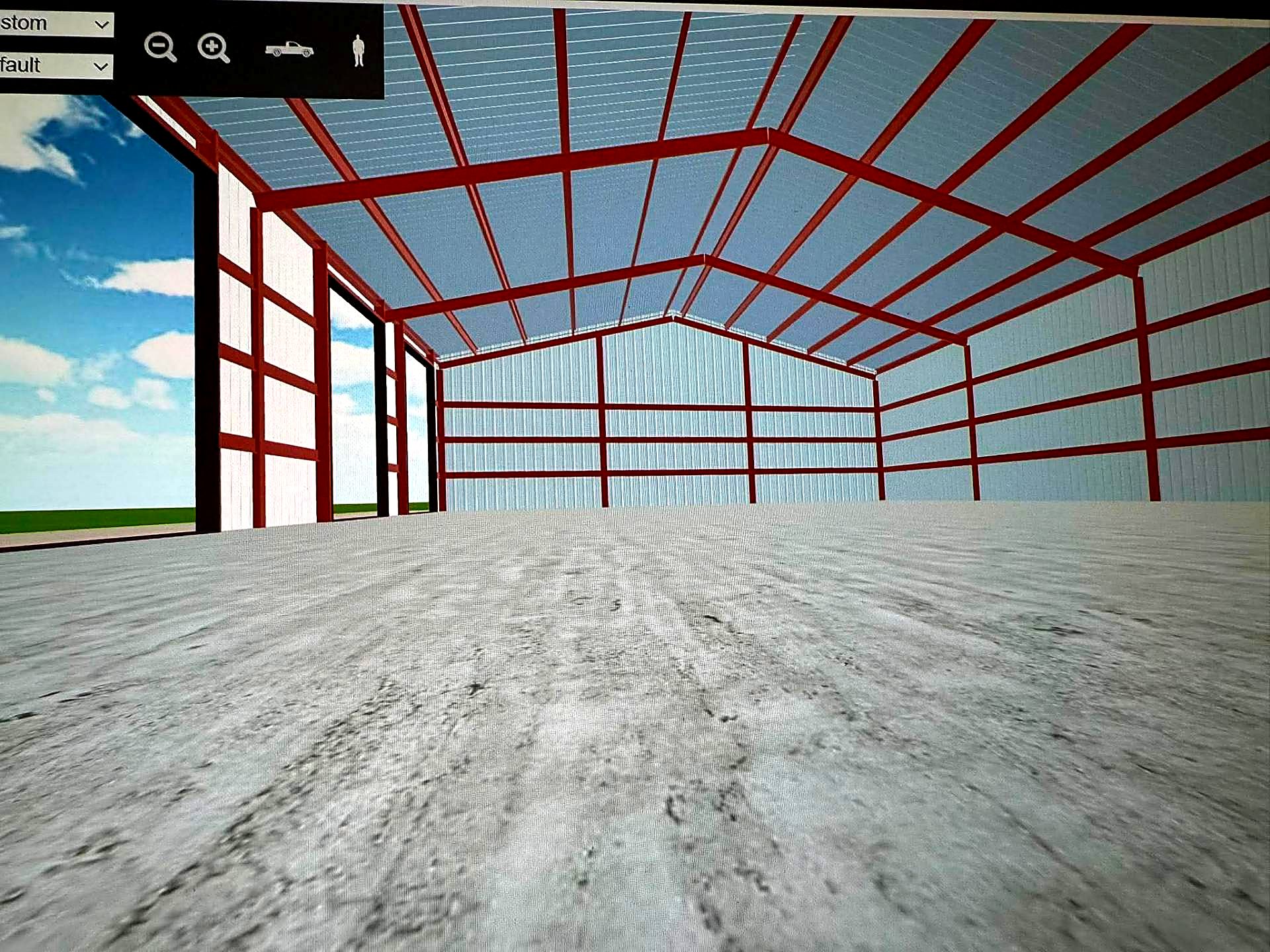 3D design view of a red-framed steel building interior before construction