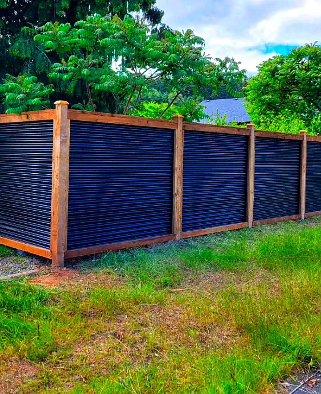 Corrugated metal fence with cedar frame and posts around a garden