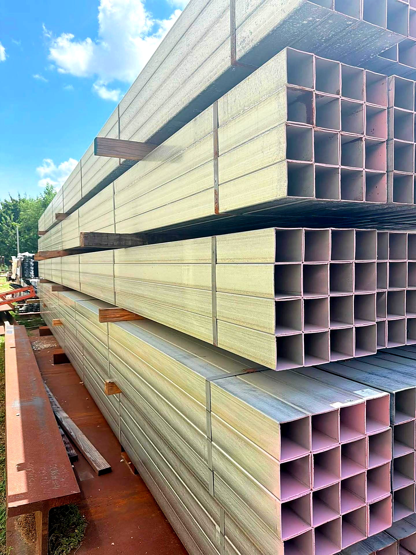 Long lengths of structural galvanized steel stock beside an industrial building